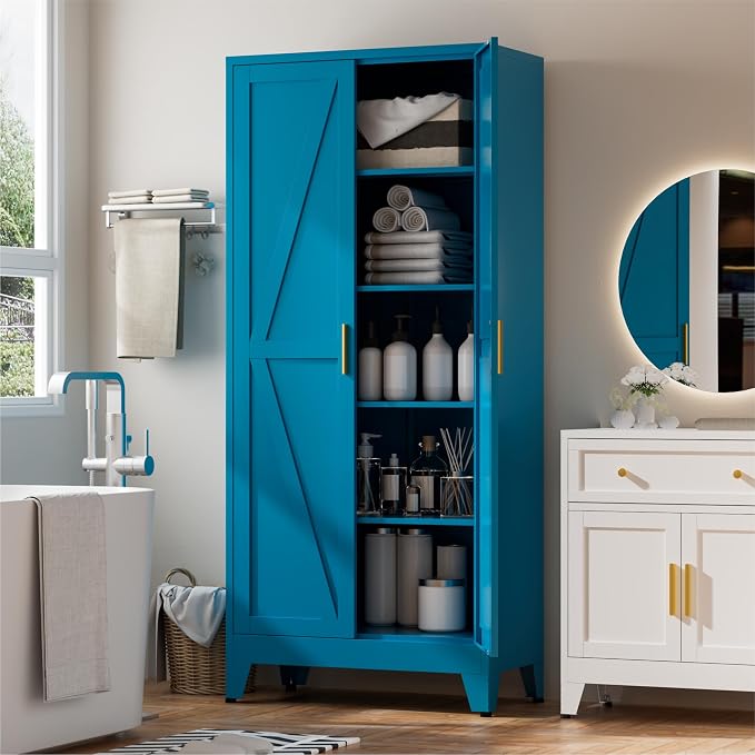 Metal Kitchen Pantry Cabinet, Farmhouse Storage Freestanding Cupboard - Image 4