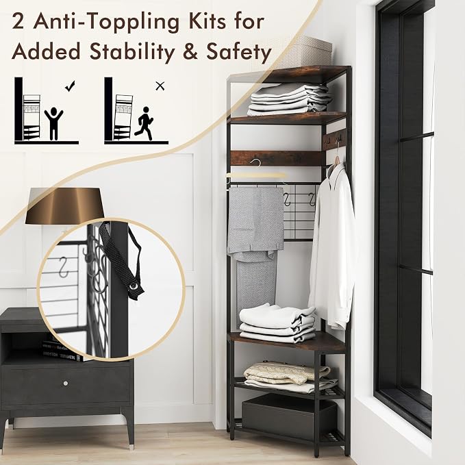 Giantex Corner Hall Tree, 12 Metal Hooks, 5-Tier Entryway Shoes Shelf Organizer - Image 6