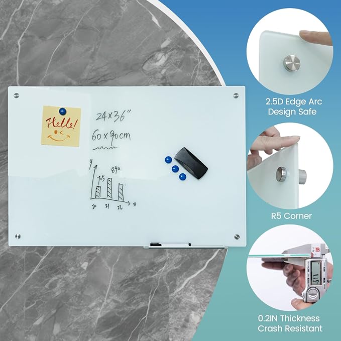 Glass Whiteboard 36"X24" Magnetic Dry Erase Board Frameless Wall Mounted White - Image 2