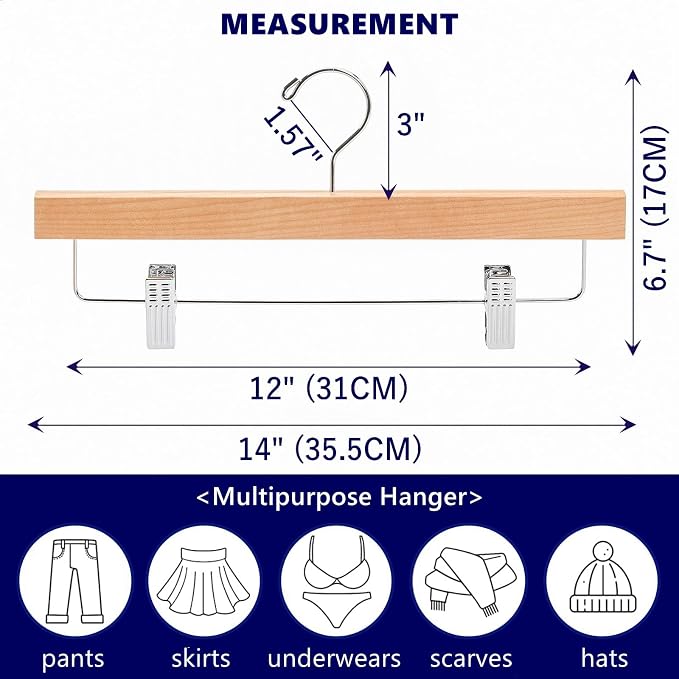 Amber Home 10 Pack Natural Wooden Pants Hangers - Image 2