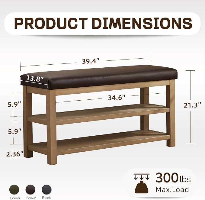 Shoe Rack Bench with Leather Cushion, 2 Tier Solid Wood Storage Bench, - Image 2