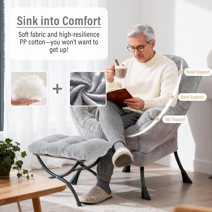 Lazy Chair with Ottoman, Modern Reading Chair with Folding Footrest, - Image 8
