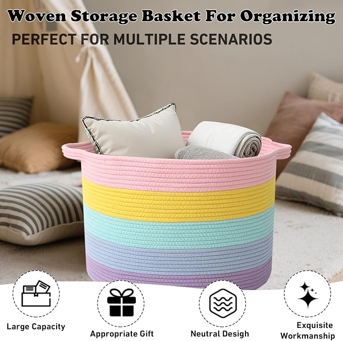 Large Storage Basket with Handle, 19.7" L x 19.7" W x 13" H Blanket Basket - Image 6
