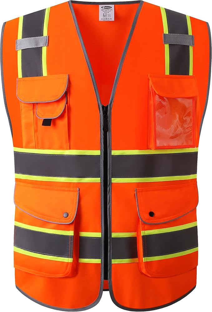 JKSafety 9 Pockets High Visibility Zipper Front Safety Vest | Orange by JKSafety