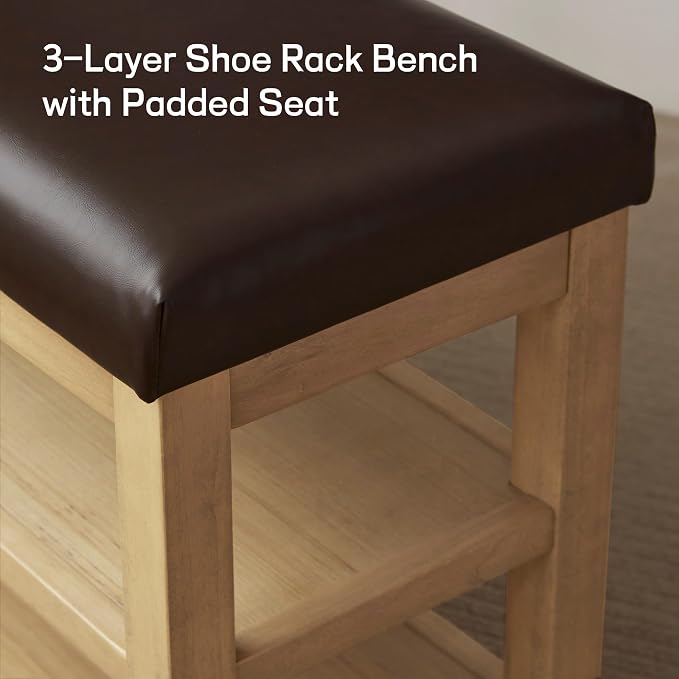 Shoe Rack Bench with Leather Cushion, 2 Tier Solid Wood Storage Bench, - Image 7