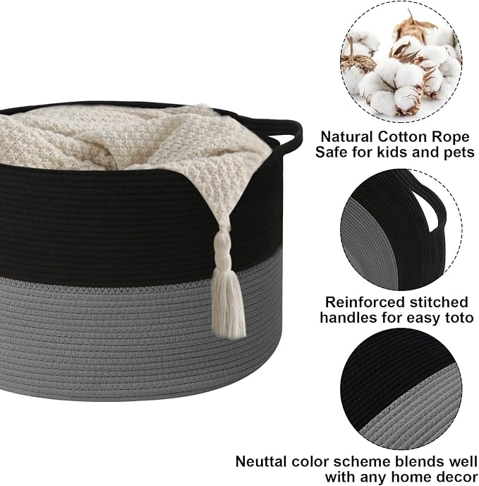 Large Storage Basket with Handle, 19.7"x 19.7"x 13" Blanket Basket Storage Bins - Image 3