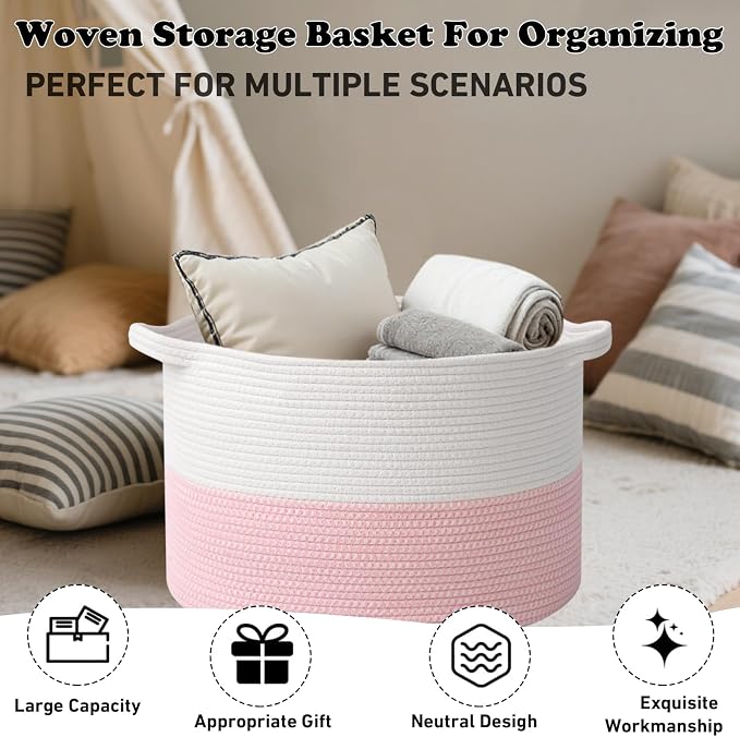 Large Storage Basket with Handle, 19.7" L x 19.7" W x 13" H Blanket Basket - Image 6