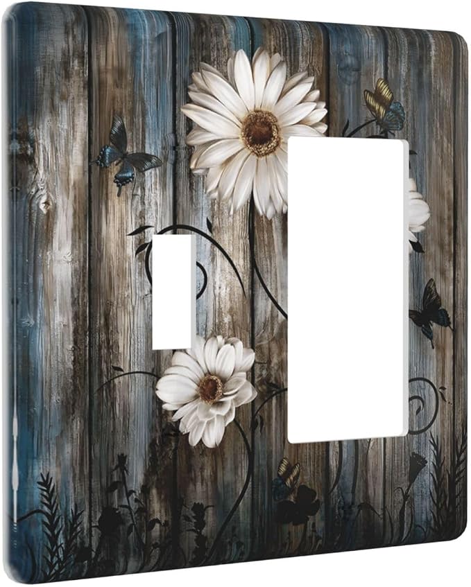 Rustic Wood Background Floral Butterfly Daisy Outlet Covers 1 Toggle 1 Rocker - Image 2