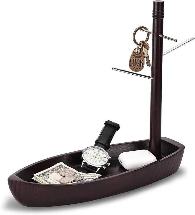 Entryway Key Holder Stand, 4 Metal Key Hooks and Storage Tray, Ash Solid Wood by CAMLOT