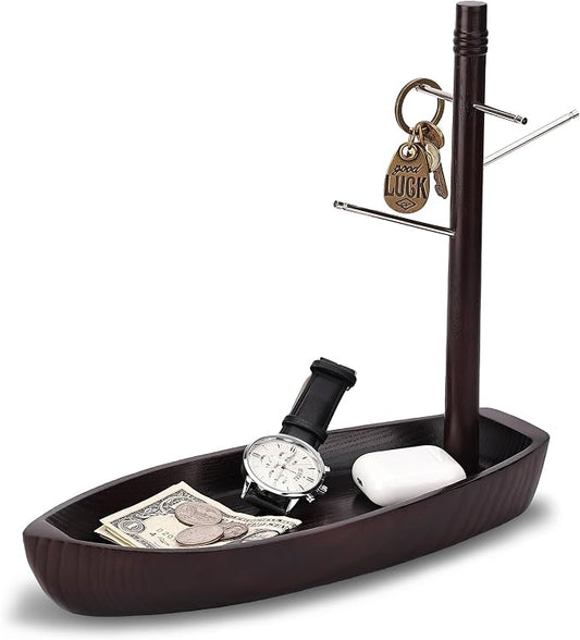 Entryway Key Holder Stand, 4 Metal Key Hooks and Storage Tray, Ash Solid Wood by CAMLOT