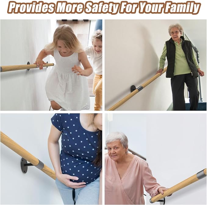 5FT Round Wooden Handrail for Indoor Staircase Handrail, Wall Mount Support - Image 6