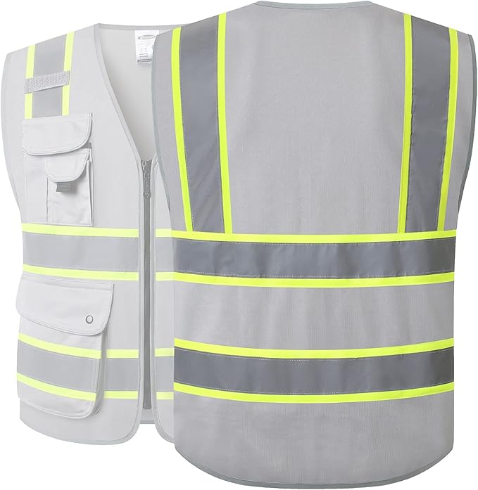 JKSafety 9 Pockets Hi-Vis Fluorescent Color Zipper Front Safety Vest - Image 2