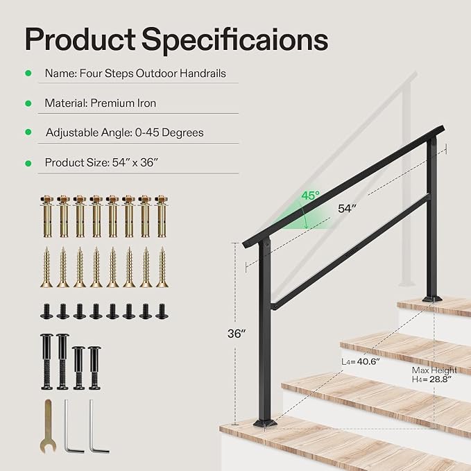 VIVOSUN Outdoor Handrail, 4 Step Stair Handrail, Wrought Mattle Iron Handrail - Image 2