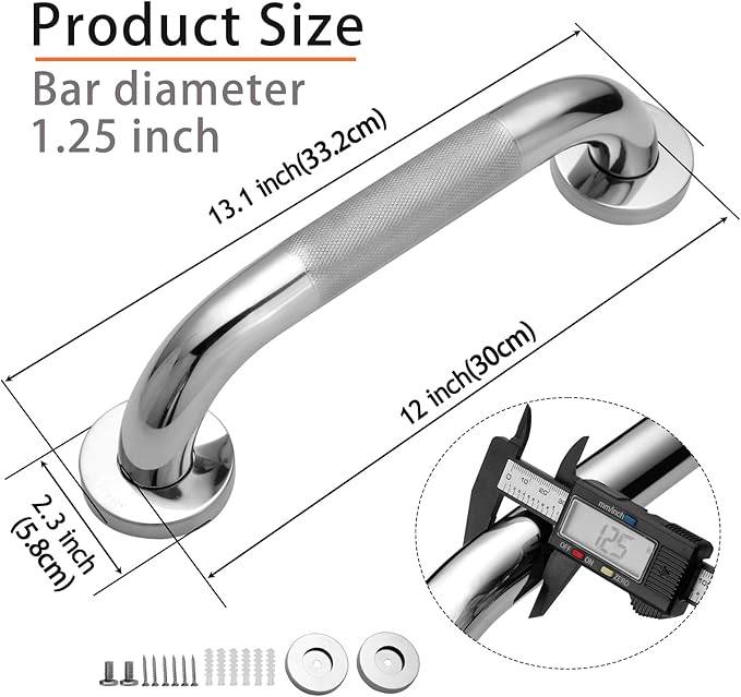 Shower Grab Bar, 2 Pack 12 Inch Bathroom Grab Bar, 1.25" Diameter 304 Stainless - Image 2