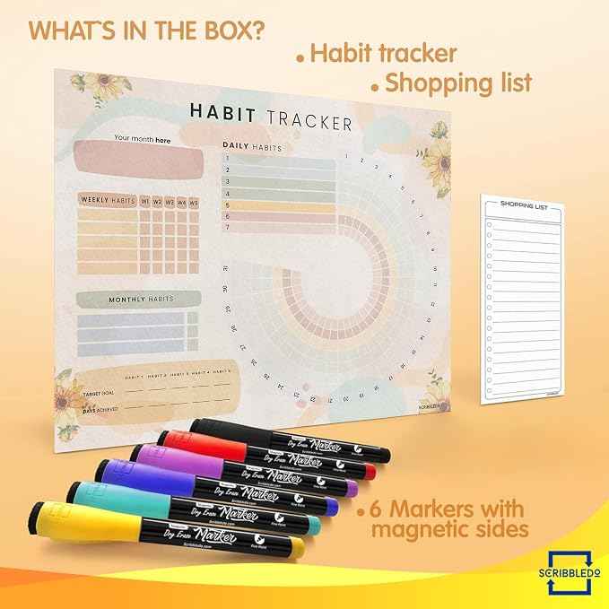 Habit Tracker Journal Workout Motivation Fridge Calendar Dry Erase 13” X 17”