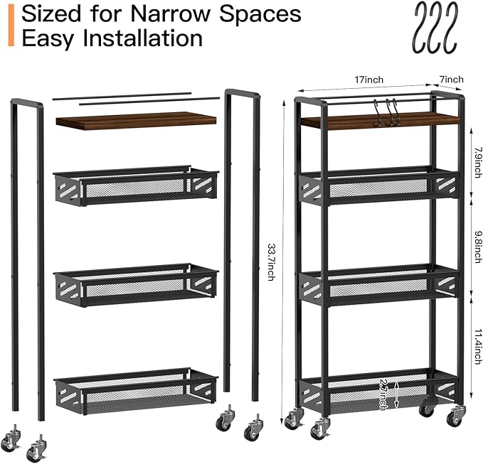 DGSNADGO Slim Rolling Storage Cart, 4-Tier Kitchen Cart on Wheels, Narrow - Image 4