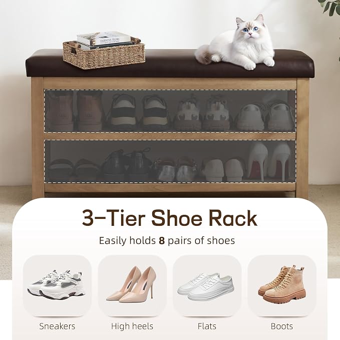 Shoe Rack Bench with Leather Cushion, 2 Tier Solid Wood Storage Bench, - Image 5