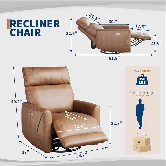 Power Recliner Chair, 270° Swivel Glider - Image 2
