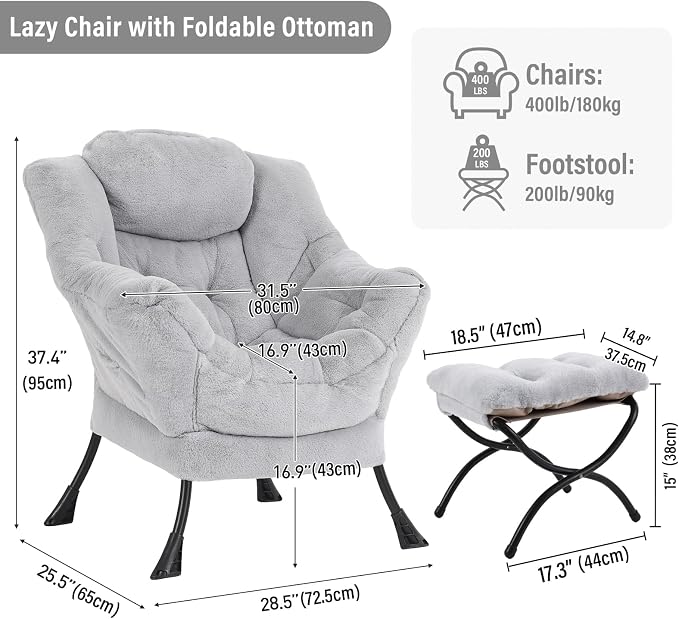 Lazy Chair with Ottoman, Modern Reading Chair with Folding Footrest, - Image 2