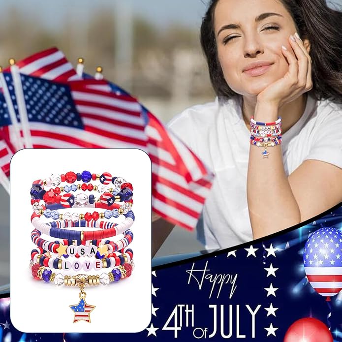 Independence Day Gifts for Women Men Teens Red White Blue Clay Beaded Stackable - Image 4