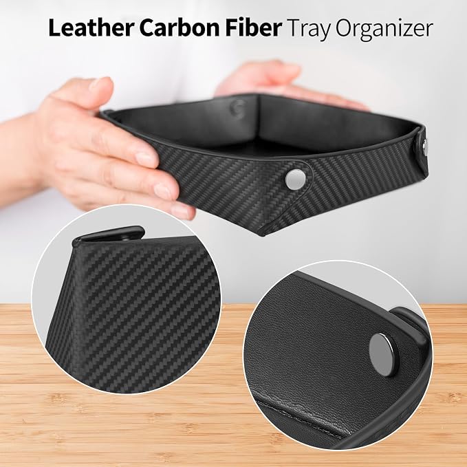 Leather Carbon Fiber Desktop Storage Tray, Decorative Catchall Organizer - Image 8