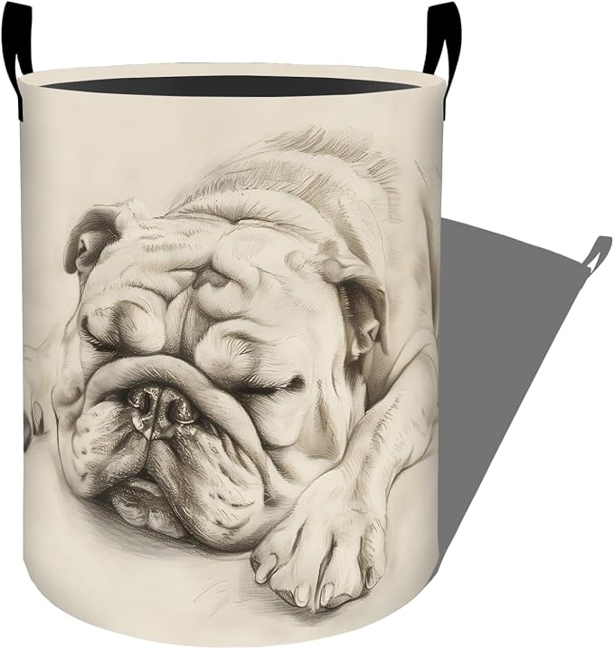 Sleeping Bulldog Pencil Sketch Art Laundry Basket, Dorm Nursery Foldable by dhakalrlde