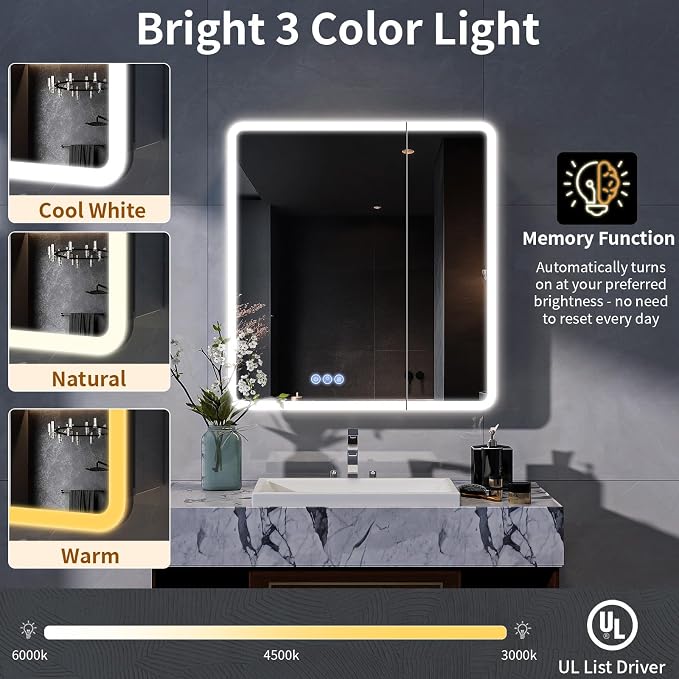 BEAUTYPEAK 30 x 32 LED Bathroom Medicine Cabinet Mirror, Adjustable Shelves - Image 5