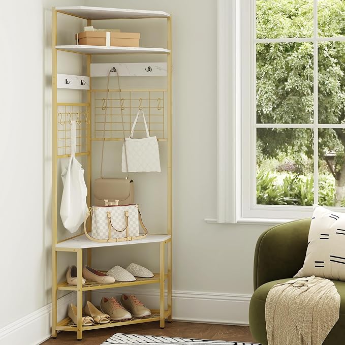 Giantex Corner Hall Tree, 12 Metal Hooks, 5-Tier Entryway Shoes Shelf Organizer - Image 4