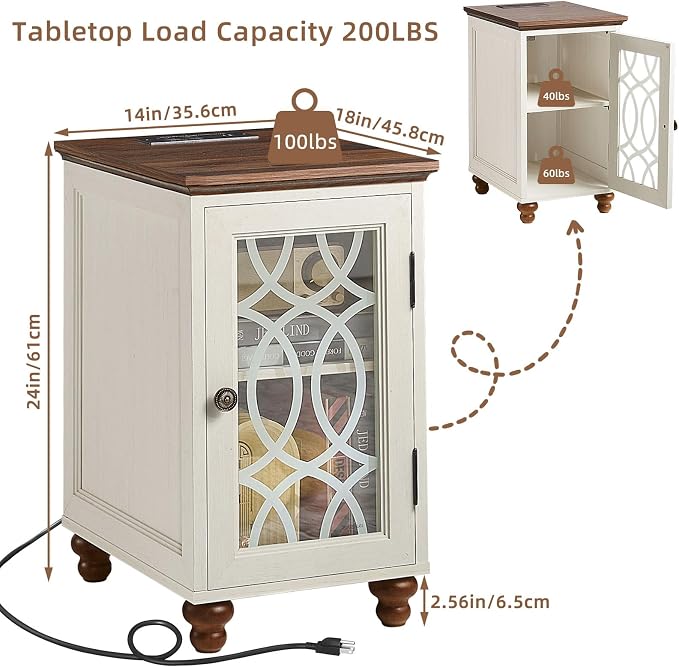 Narrow Side Table with Charging Station Set of 2, Night Stand with Glass Door - Image 3