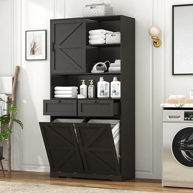 78" Tall Tilt-Out Double Doors Laundry Cabinet Hamper w Hidden Laundry Hamper by jiteentarou