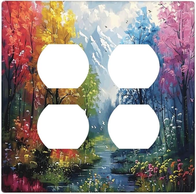 Colorful Forest Snow Mountain River Oil Painting Style Outlet Covers 2 Gang by Unknown