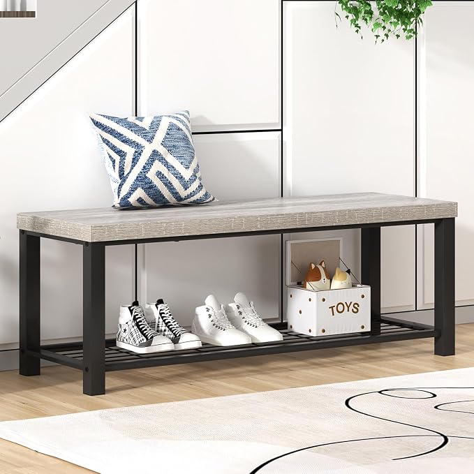 FOLUBAN Entryway Bench, Vintage Wood and Metal Storage Bench - Image 5