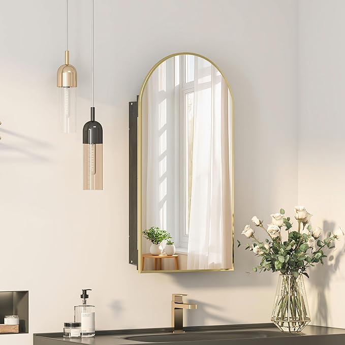 Recessed Medicine Cabinet Mirror, Brushed Brass Gold Arched Medicine Cabinet by Mepplzian
