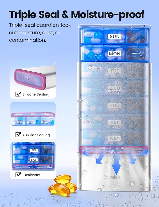 7 Day Weekly Pill Organizer, Metal Travel Pill Case, Large Capacity Daily Cute - Image 3
