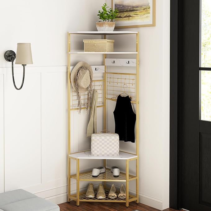 Giantex Corner Hall Tree, 12 Metal Hooks, 5-Tier Entryway Shoes Shelf Organizer - Image 2