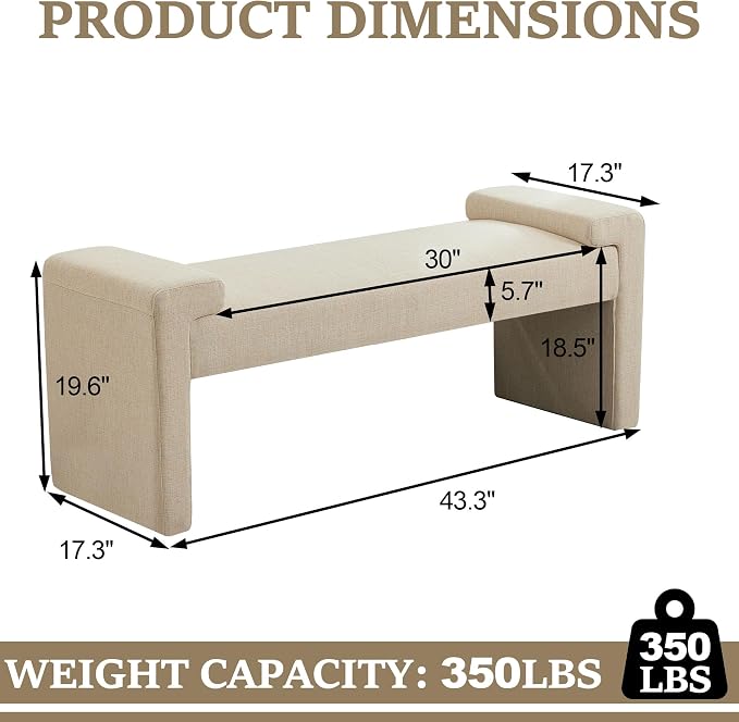 43" Linen End of Bed Bench Upholstered Modern Bedroom Bench - Image 2