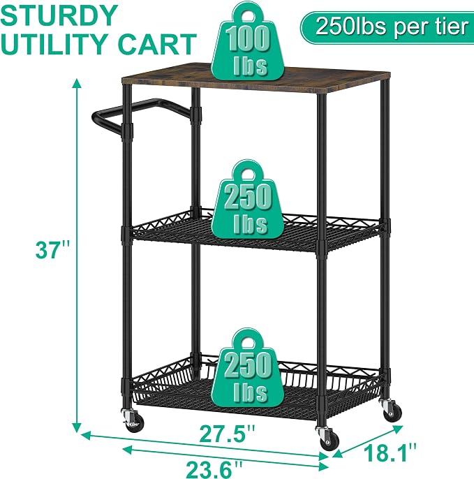 Rolling Kitchen Cart with Wheels, 3 Tier Metal Utility Cart with Wood Tabletop - Image 6