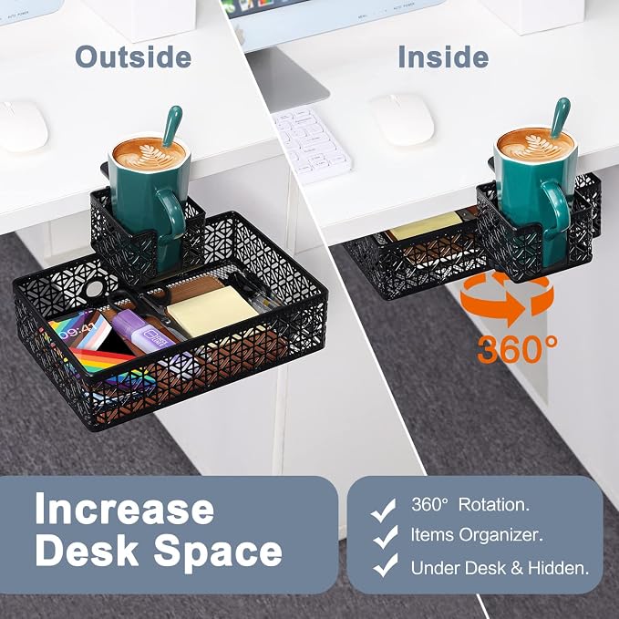 Black Modern Under Desk Drawer Organizer Clip-on Cup Holder & Phone Holder - Image 3