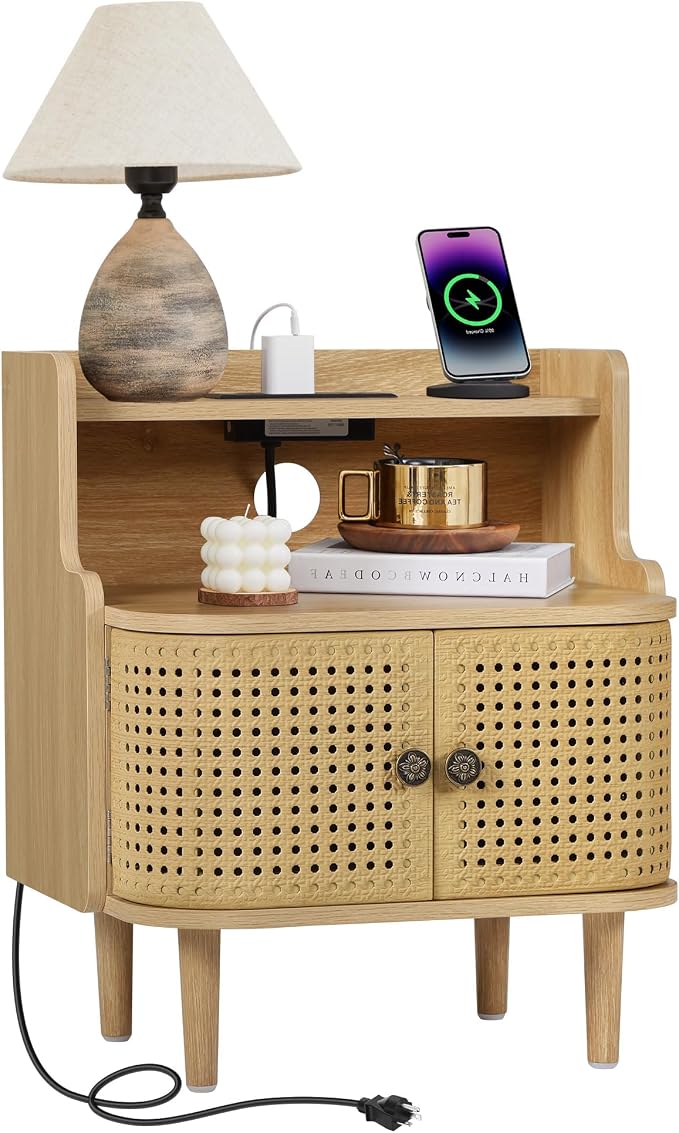 Metal Rattan End Table with Charging Station, Mid Century Modern Nightstand by affeivul