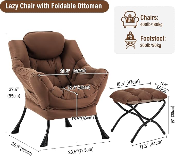 Lazy Chair with Ottoman, Modern Chair with Folding Footrest, Lounge Accent Chair - Image 2