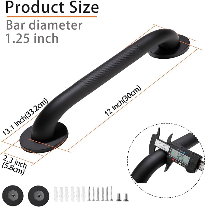 Shower Grab Bar, 2 Pack 12 Inch Black Bathroom Grab Bar, 1.25" Diameter 304 - Image 2