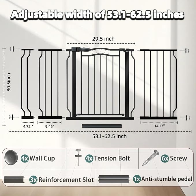 53.1-62.5 Inch Extra Wide Baby Gate, Pressure Mounted Dog Gate Indoor, Walk - Image 2