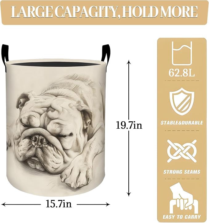 Sleeping Bulldog Pencil Sketch Art Laundry Basket, Dorm Nursery Foldable - Image 2