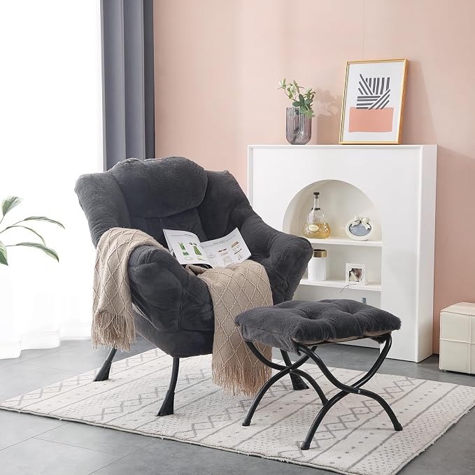 Lazy Chair with Folding Ottoman, Modern Accent Lounge Armchair with Armrests - Image 6