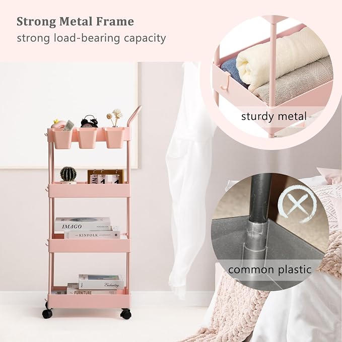 Danpinera 4-Tier Pink Slim Storage Cart, Narrow Laundry Cart - Image 4
