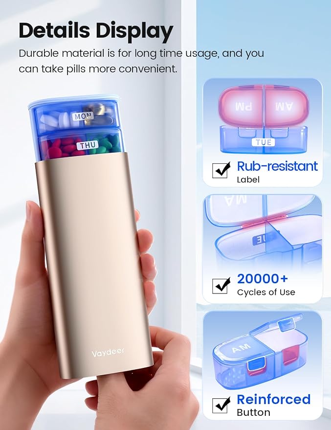 Vaydeer Large Weekly Pill Organizer 2 Times a Day, Metal 8 Day Travel Pill Box - Image 6