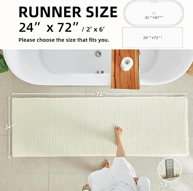 Cream White Long Bathroom Rugs, Waffle Runner Rug Bathroom Non Slip Washable - Image 2