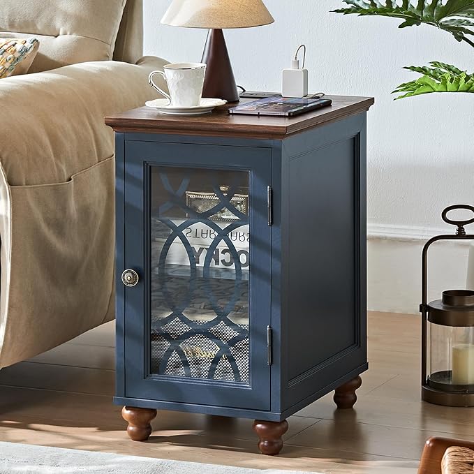 Narrow Side Table with Charging Station, Night Stand with Glass Door, Bedside by Joaxswe