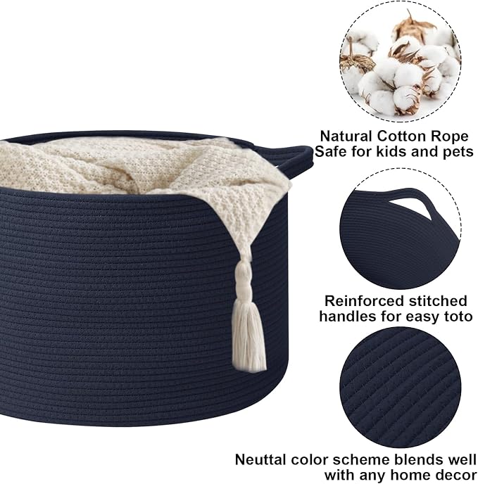 Large Storage Basket with Handle, 19.7"L x 19.7"W x 13"H Blanket Basket Storage - Image 3