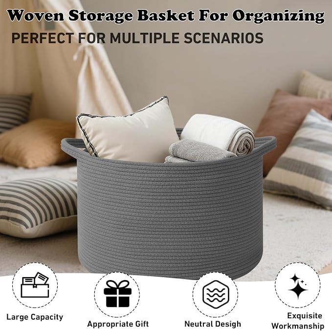 Large Storage Basket with Handle, 19.7" L x 19.7" W x 13" H Blanket Basket - Image 6